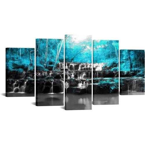 Cascade noir et blanc avec paysage d'arbres bleus, impression sur toile, photos de la nature, décoration murale moderne pour la maison, le salon, bleu blanc 100 x 55 cm. (sans cadre)