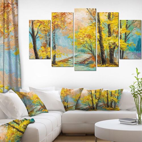 Impression d'art sur toile de paysage de forêt en chute jauneForme de diamant 100 x 55 cm. (sans cadre)