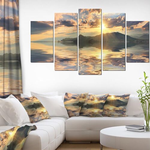 Colline surplombant la ville balnéaire Paysage Art Impression sur toile Forme de diamant doré 100 x 55 cm. (sans cadre)