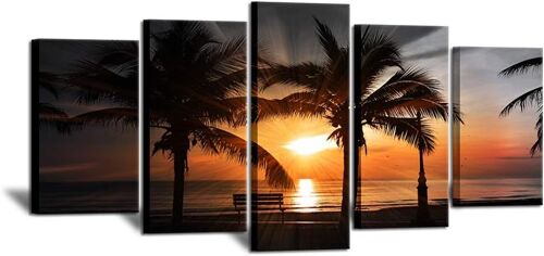 CanvaWall Art noir et blanc avec plage d'Hawaï, palmier troique, coucher de soleil, paysage marin côtier pour salon, salle à manger, bureau, maison 200 x 100 cm. (sans cadre)