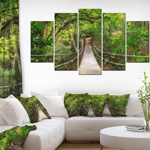 Pont vers la jungle Thaïlande Paysage Photo Toile Impression artistique Forme de diamant vert 150 x 80 cm. (sans cadre)