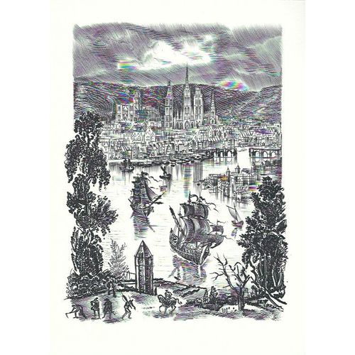 Reproduction D'une Gravure, Bateaux Dans Un Port