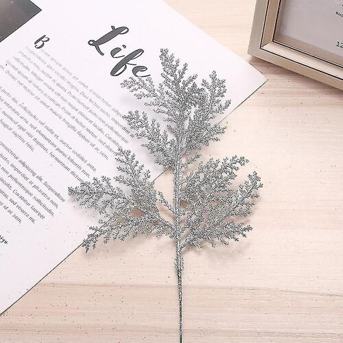 Pack 10 Noël Paillettes Feuilles artificielles Fausses feuilles Branches d'arbres Bricolage Décoration pour bouquet de fleurs (argent)
