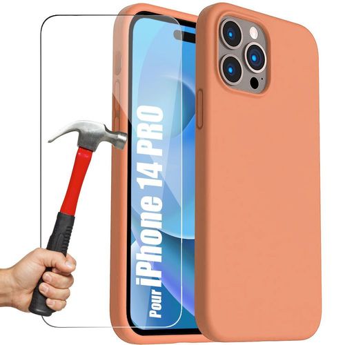 Coque Pour Iphone 14 Pro Orange Silicone Slim + 2 Verres Trempes Protection