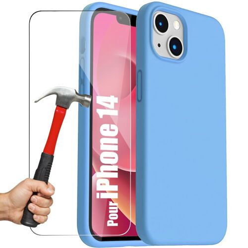 Coque pour iPhone 14 Silicone Ultra Slim Bleu + 2 Protection d'ecran Verre Trempe