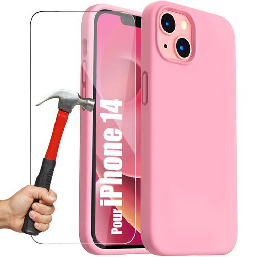 Coque Silicone Pour Iphone 14 Rose Avec 2 Verres Trempes