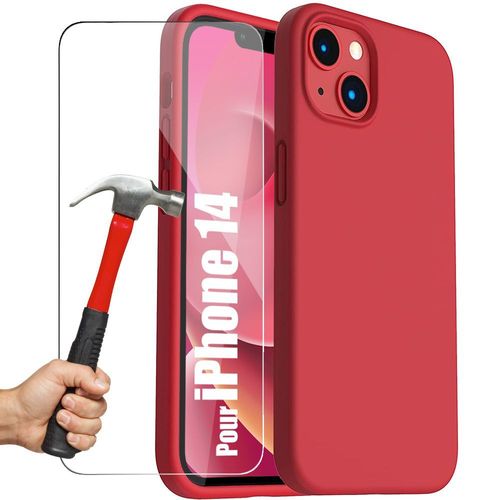 Coque Pour Iphone 14 Rouge Silicone Slim + 2 Verres Trempes Protection