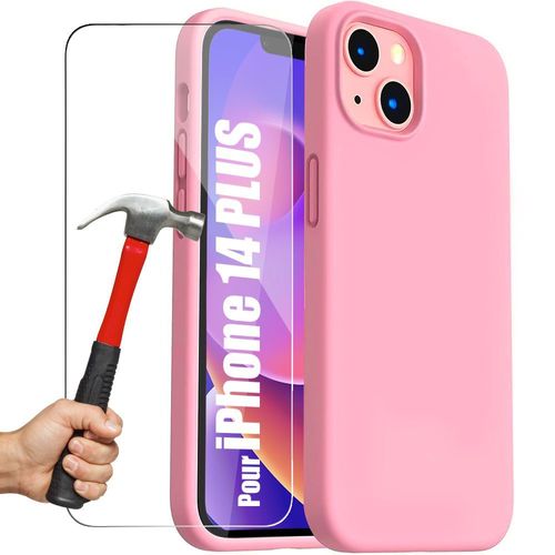 Coque Pour Iphone 14 Plus Silicone Rose Et 2 Verres Trempes Protection D'ecran