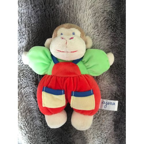 Peluche Doudou Singe Multicolore Et Sa Salopette Ajena 20 Cm