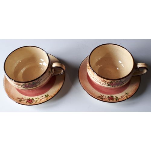 Ensemble De 2 Bols À Déjeuner Ou À Soupe Avec Anse Et Assiette Assortie-Céramique Terre De France À Vallauris-Frise Décor Floral-Dominante Rose/Beige-Diamètre Assiette 18cm Bol 11.5cm Profondeur 7cm
