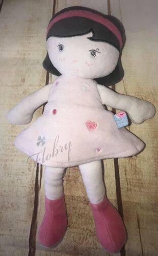 DOUDOU POUPEE SUCRE D'ORGE ROSE PASTEL COEUR PETITE FILLE BRUNE JOUET BLANKIE DOLL