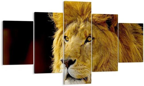 Moderne Impression sur Toile Lion animaux faune Image Tableau Decoration Murale Deco Cadre Décoration Salon Chambre Triptyque 5 parties Tableaux Decoratifs Mur 200 x 100 cm. (sans cadre)
