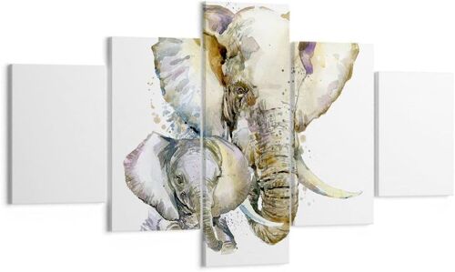 Moderne Impression sur Toile Elephants animaux safari afrique Image Tableau Decoration Murale Décoration Salon Chambre Triptyque 5 parties Tableaux Decoratifs 100 x 55 cm. (sans cadre)