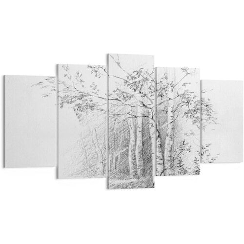 Deco Cadre Décoration Salon Croquis Forêt Bouleau Moderne Impression sur Toile Image Tableau Decoration Murale Chambre Triptyque 5 parties Art Wall Tableaux De 100 x 55 cm. (sans cadre)