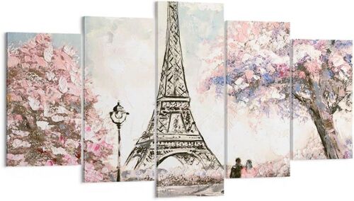 Deco Décoration Salon Arbres Eiffle Couple France Moderne Impression sur Toile Image Tableau Decoration Murale Chambre Triptyque 5 parties Art Wall Tableaux De 50 x 25 cm. (sans cadre)