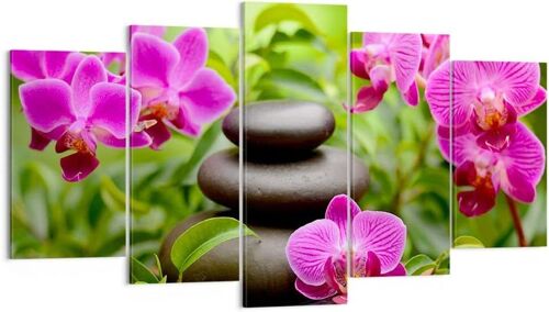 Décoration Salon Fleurs pierres bambou décoration Moderne Impression sur Toile Image Tableau Decoration Murale Chambre Triptyque 5 parties Art Wall Tableaux De 100 x 55 cm. (sans cadre)