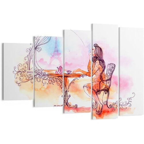 Moderne Impression sur Toile Image Tableau Decoration Murale femme urbain thé Paris Tableaux Decoratifs Muraux Chambre Triptyque 5 parties Deco Décoration Salo 150 x 80 cm. (sans cadre)