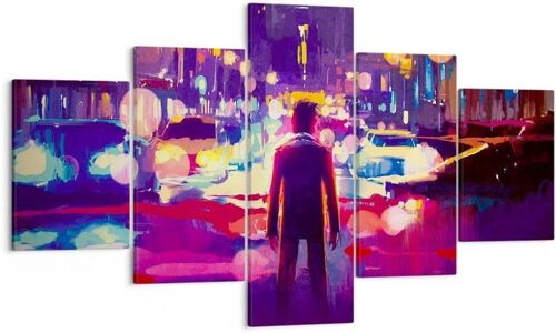 Moderne Impression sur Toile futuriste graphiques ville éclairage Image Tableau Decoration Murale Décoration Salon Chambre Triptyque 5 parties Tableaux Decorat 100 x 55 cm. (sans cadre)
