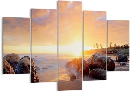 Moderne Impression sur Toile Image Tableau Decoration Murale mer plage rocher Tableaux Decoratifs Muraux Chambre Triptyque 5 parties Deco Cadre Décoration Salo 200 x 100 cm. (sans cadre)