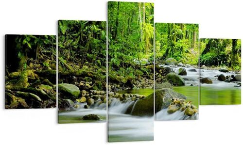 Moderne Impression sur Toile Stream Forêt Nature Image Tableau Decoration Murale Deco Cadre Décoration Salon Chambre Triptyque 5 parties Tableaux Decoratifs Mu 100 x 55 cm. (sans cadre)
