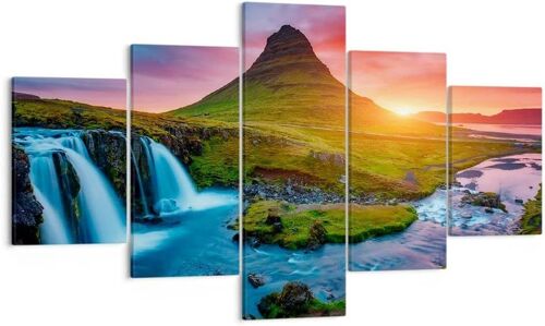 Moderne Impression sur Toile Coucher de soleil Cascade Islande volcan Image Tableau Decoration Murale Décoration Salon Chambre Triptyque 5 parties Tableaux Dec 100 x 55 cm sans cadre