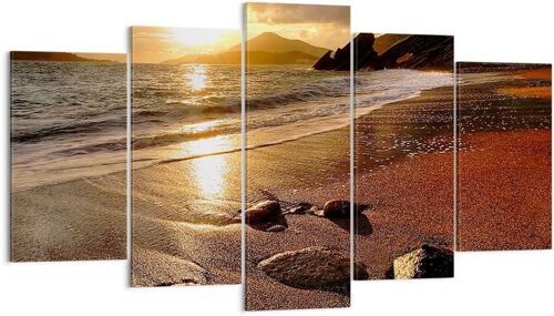 Deco Cadre Décoration Salon Plage nuages soir côte Moderne Impression sur Toile Image Tableau Decoration Murale Chambre Triptyque 5 parties Art Wall Tableaux D 100 x 55 cm. (sans cadre)