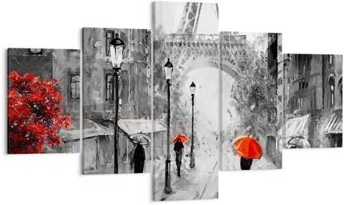 Moderne Impression sur Toile Paris ville maison Image Tableau Decoration Murale Deco Cadre Décoration Salon Chambre Triptyque 5 parties Tableaux Decoratifs Mur 150 x 80 cm. (sans cadre)