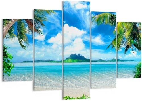 Moderne Impression sur Toile Image Tableau Decoration Murale Plage vacances île palmier Tableaux Decoratifs Muraux Chambre Triptyque 5 parties Deco Décoration 200 x 100 cm (sans cadre)