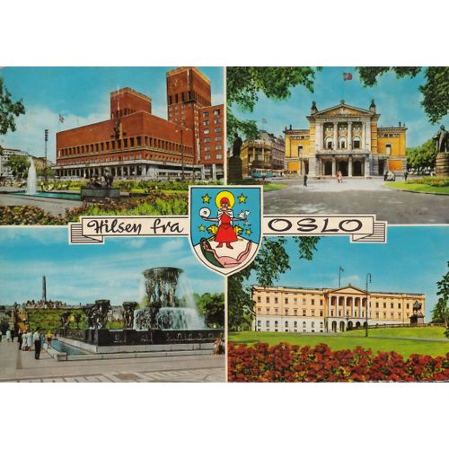 Carte Postale "Oslo. Norway. Rådhuset. The Town Hall. Nationaltheatret. Vigelandsanlegget. Slottet. The Royal Palace"