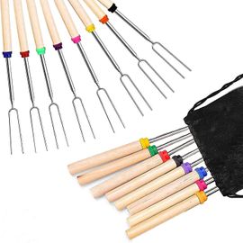 Fourches à barbecue Ensemble de 8 bâtonnets de torréfaction de guimauve Extensible en acier inoxydable 32 pouces en forme de U Hot Dog Fork avec poignée en bois Brochettes de grillade pour Ca