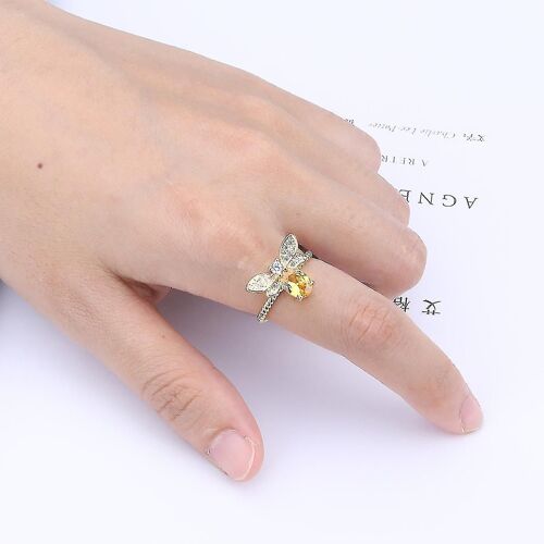 Bague D'abeille En Cristal Jaune Plaqué Or - Bague En Or Creative Yellow Crystal Bee