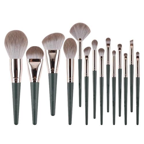 14pcs Green Makeup Brush Set Facile À Nettoyer Smooth Eye Makeup Brushes Pour Poudre Liquid Cream Blending