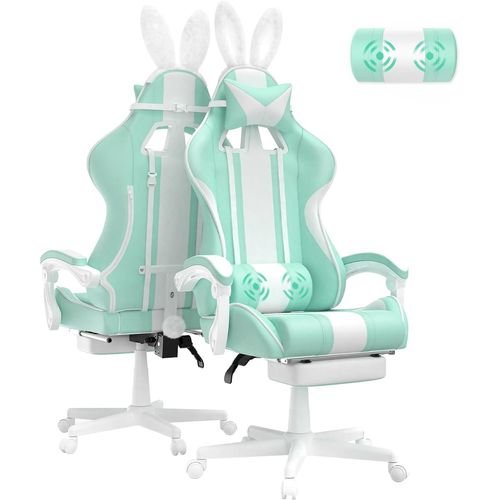 Gaming Chair Massage Avec Repose-Pieds Fauteuil Ergonomique Gaming Chair Avec Appui-Tête Chaise De Bureau Pc Gamer Racing Avec Coussin Lombaire Et Oreilles De Lapin Vert Menthe A-Vert Menthe