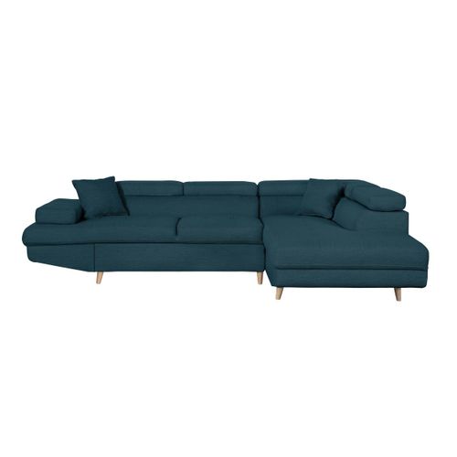 Canapé D'angle Droit Convertible Rio Scandinave Avec Coffre En Tissu - Bleu Pétrole, Pieds Bois
