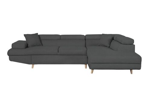 Canapé d'angle droit convertible RIO Scandinave avec coffre en tissu - Gris foncé, Pieds bois