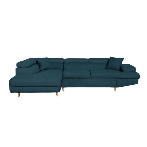 Canapé D'angle Gauche Convertible Rio Scandinave Avec Coffre En Tissu - Bleu Pétrole, Pieds Bois