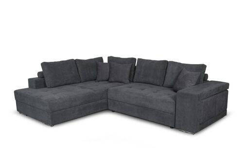 Canapé d'angle TAMIA convertible avec coffre et 2 poufs en tissu - Gris foncé, Angle Gauche