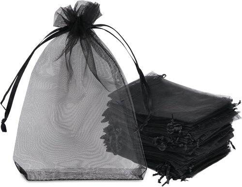 120 Sacs Organza,10x15cm Sachets Pochettes Cadeau en Organza avec Rubans Sac à Bijoux Sachets pour Lavande Sacs de Bonbons Faveur Présent Sacs pour Anniversaire Baptême Fête Décoration Mariage,Noir.