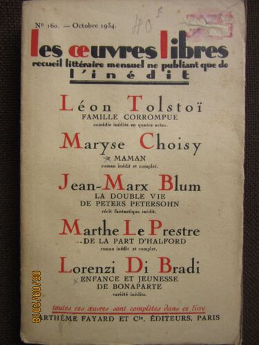Les Oeuvres Libres : Recueil Litteraire Mensuel N 160