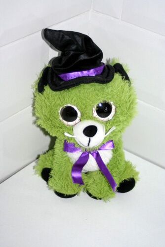Peluche Chat Fizzy Gros Yeux Halloween Vert Assis 18 Cm