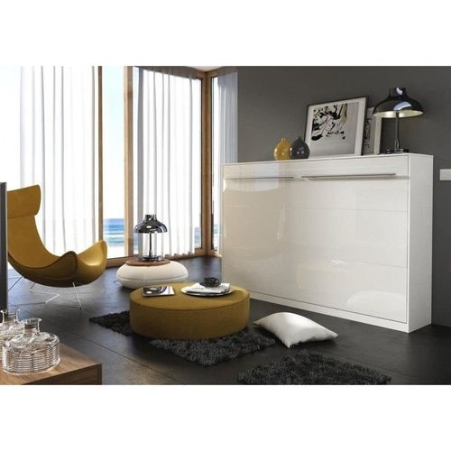 Lenart Armoire Lit Escamotable Horizontal 90x200 Cm Blanc Brillant Lit Rabattable Lit Mural Consus Pro