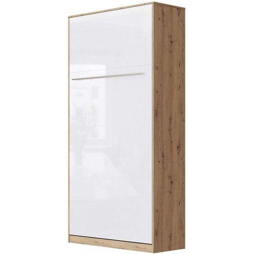 Armoire Lit Escamotable 90x200cm Vertical Lit Rabattable Lit Mural Supérieur Chêne Sauvage/Blanc Brillant