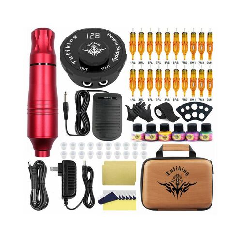 Kit De Machine À Tatouer Rotative Professionnelle Stylo De Tatouage Mitrailleuses Maquillage Permanent Avec Encres De Couleur Cartouche D'alimentation Aiguilles Kit De Tatouage Rouge