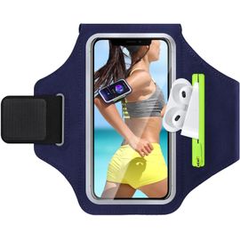 Brassard De Sport Avec Poche Écouteur,Brassard Telephone Sport Porte Telephone Course A Pied Sport Pour Téléphone Razobws Pour Iphone 15/14 Pour Jogging Cyclisme Randonnée (Bleu Marine)