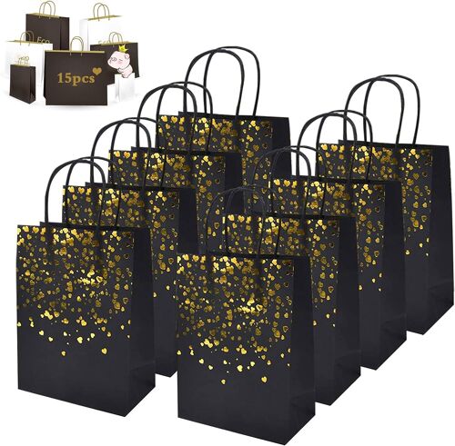 15Pcs Sac de Kraft, Sac Cadeau en Papier, Sac Papier Kraft avec Poigné Pochettes Cadeaux Recyclable pour Noël Mariage Anniversaire Fête (Noir)