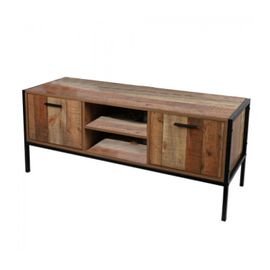 Meuble Tv En Bois Et Métal Avec 2 Portes Et 2 Niches De Rangement "Riverside" - Marron/Noir - L 124 X P 40 X H 49 Cm