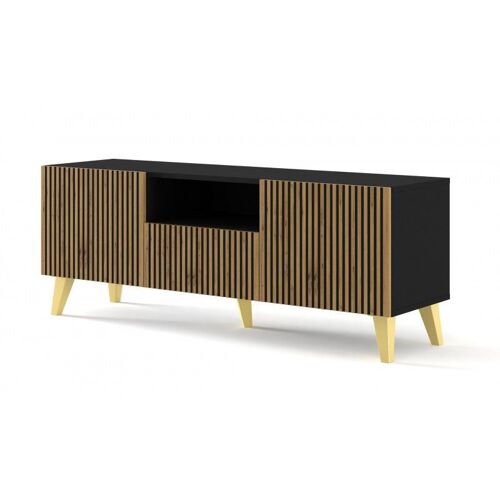Meuble TV Ravenna avec 2 portes + 1 tiroir + 1 niche en bois et pieds dorés - Beige et noir - L 150 x P 42 x H 56 cm