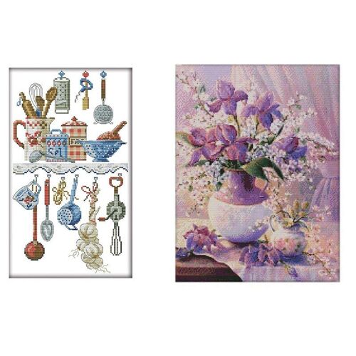 Kit de broderie en point de croix 14ct, ensemble 2 pièces, motif Vase violet 36X46Cm, ustensiles de maison et de cuisine 29X48Cm