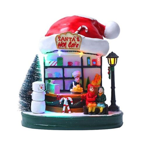 Maison De Noël Éclairée Par Led, Ornement En Résine, Streetlight Musical Animé, Scène De Village Et De Café, Table De Fête De Noël