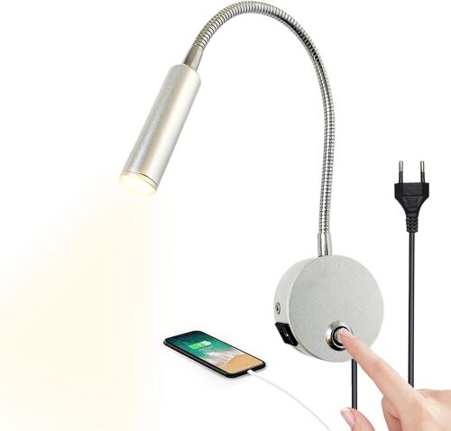 Lampe De Lecture Murales Tactile Dimmable Applique Liseuse Led Tete De Lit Avec Port Usb Et Interrupteur Flexible Col De Cygne Lumière Avec Prise 3w Lampe Chevet Murale Pour Lire Au Lit Chambre Cl